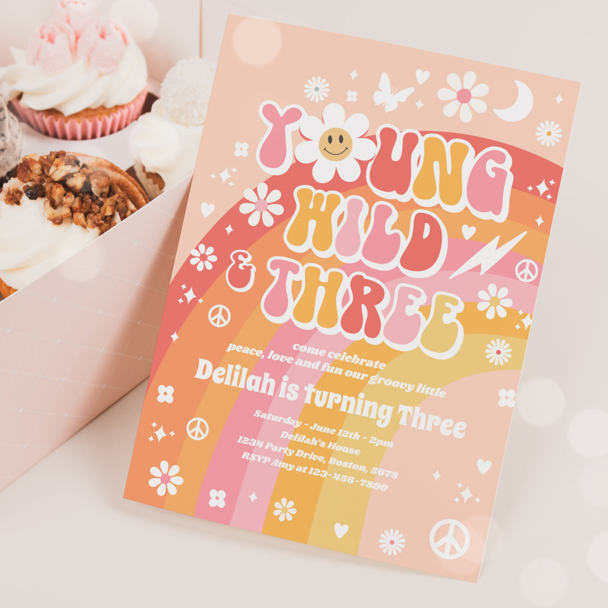 Young Wild And Three Hippie 3rd Birthday Party Invitation