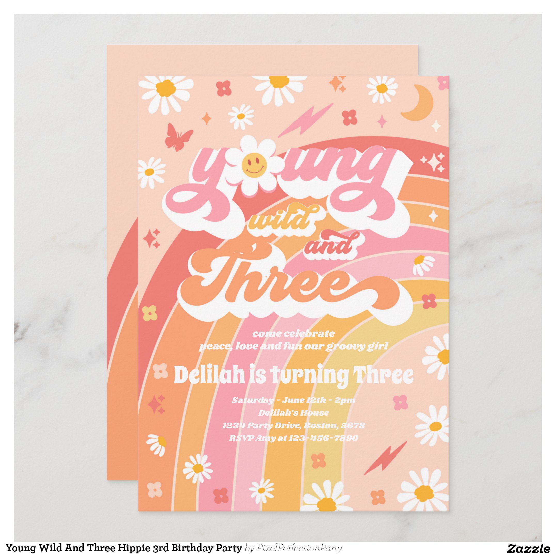 Young Wild And Three Hippie 3rd Birthday Party Invitation