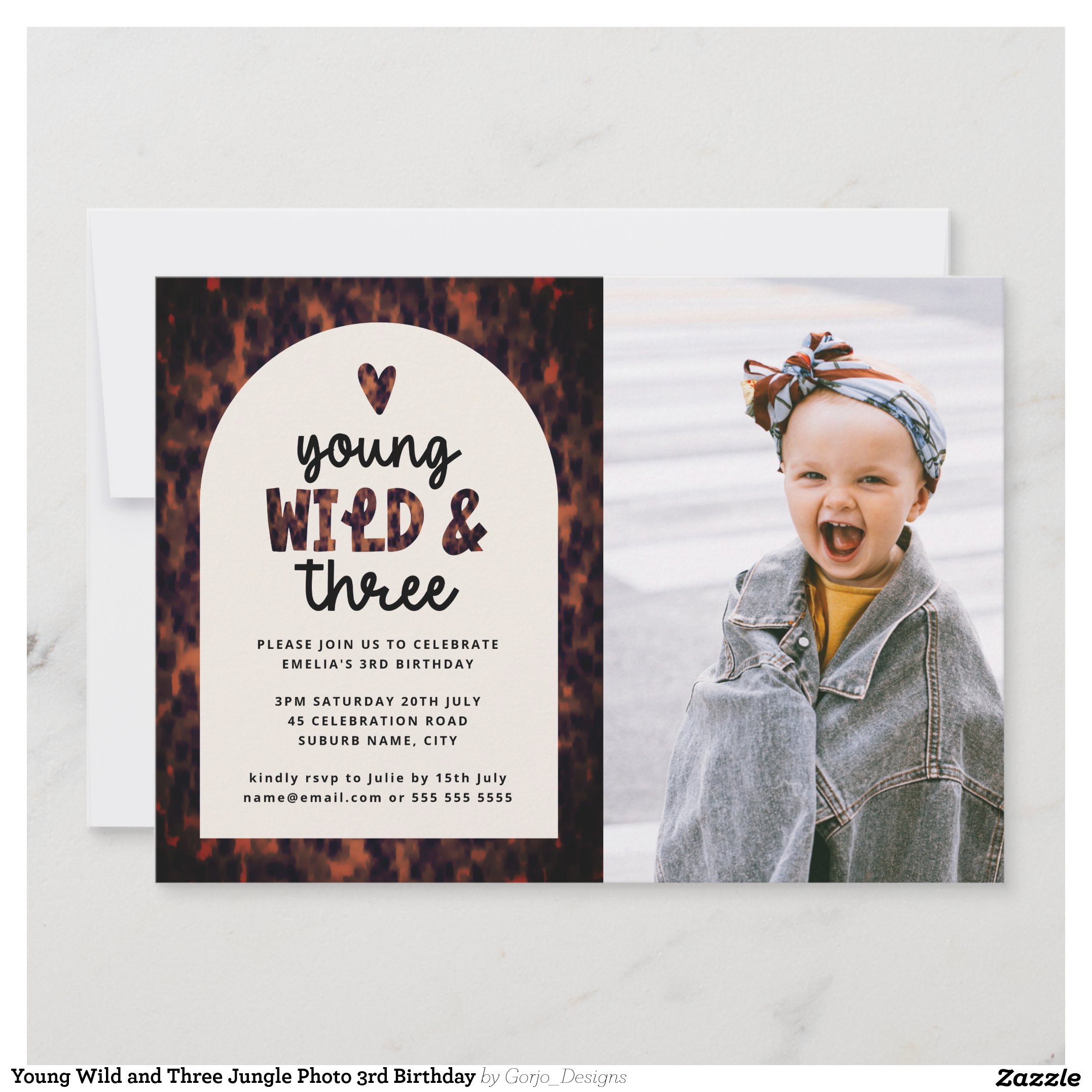 Young Wild and Three Jungle Photo 3rd Birthday Invitation