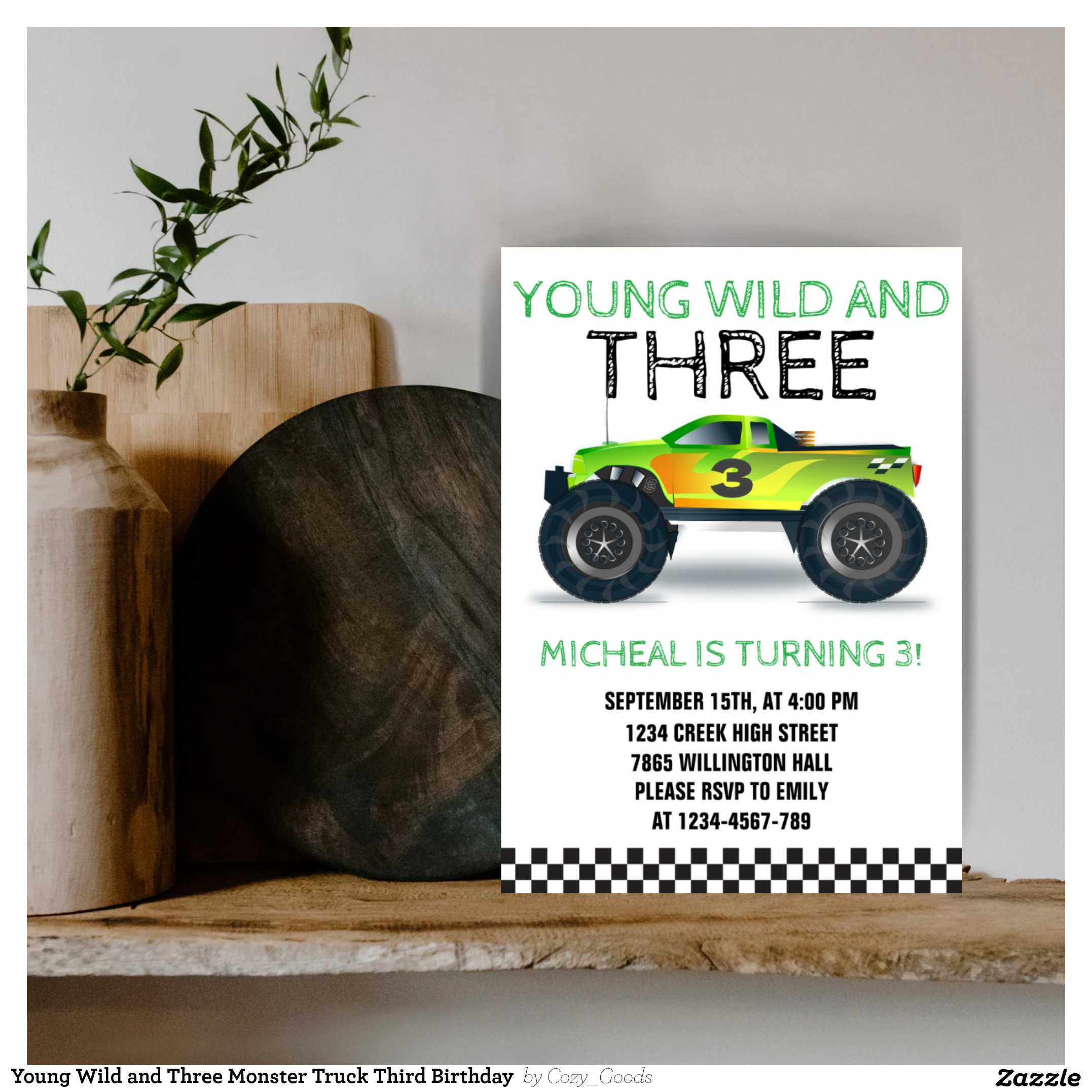 Young Wild and Three Monster Truck Third Birthday Invitation