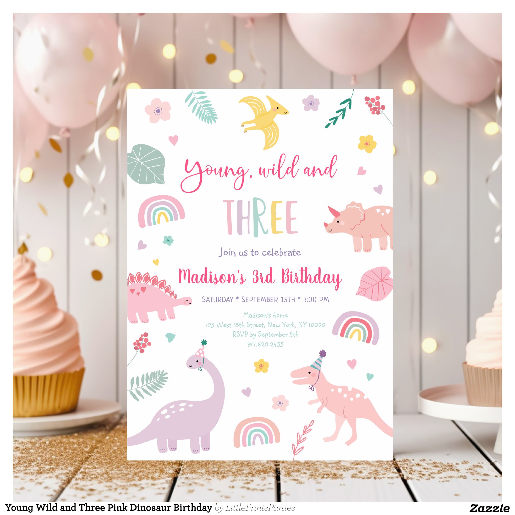 Young Wild and Three Pink Dinosaur Birthday Invitation