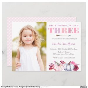Young Wild and Three, Pumpkin 3rd Birthday Party Invitation