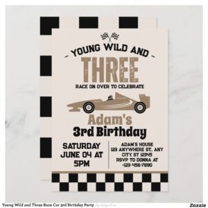 Young Wild and Three Race Car 3rd Birthday Party Invitation