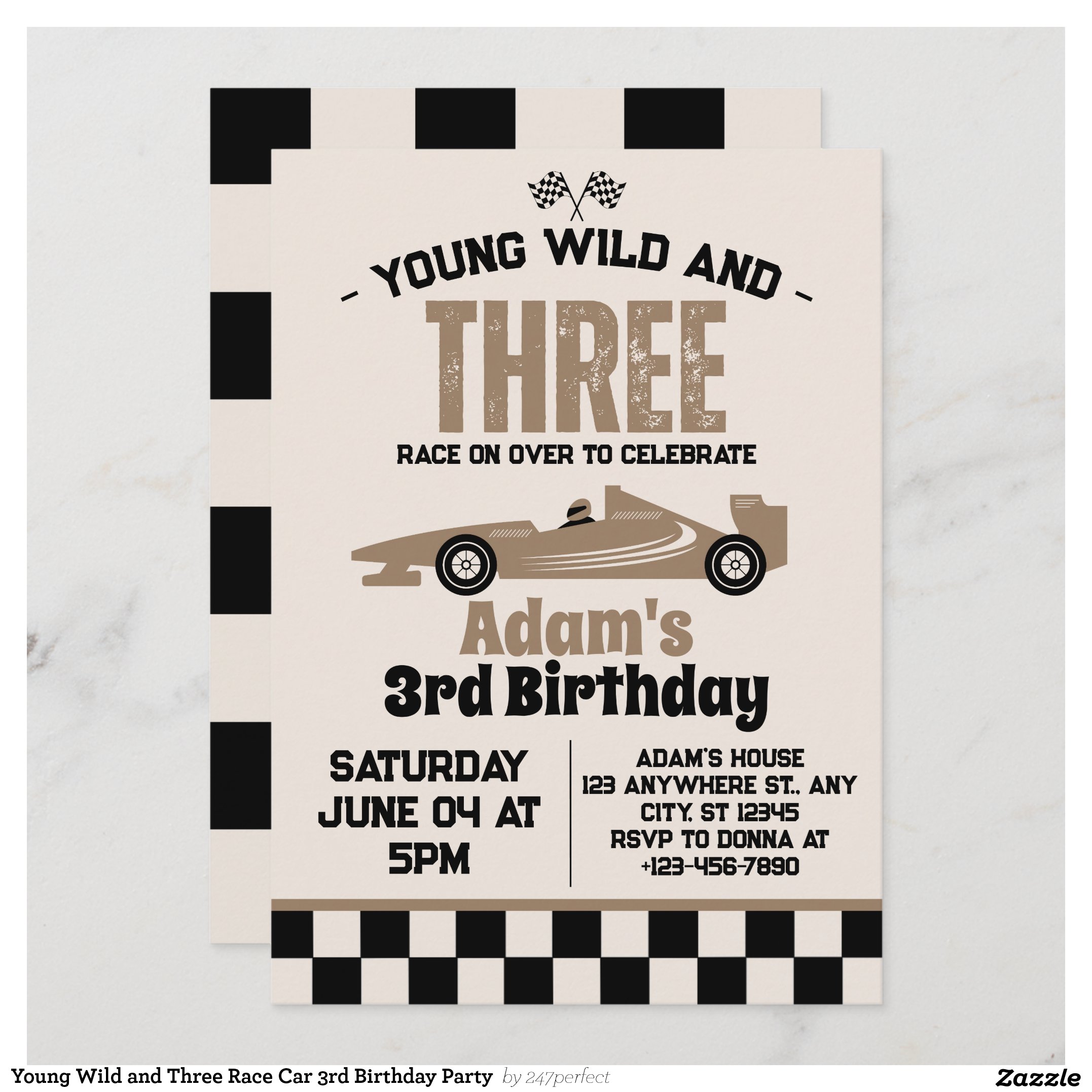 Young Wild and Three Race Car 3rd Birthday Party Invitation