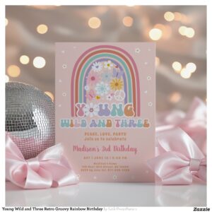 Young Wild and Three Retro Groovy Rainbow Birthday Invitation