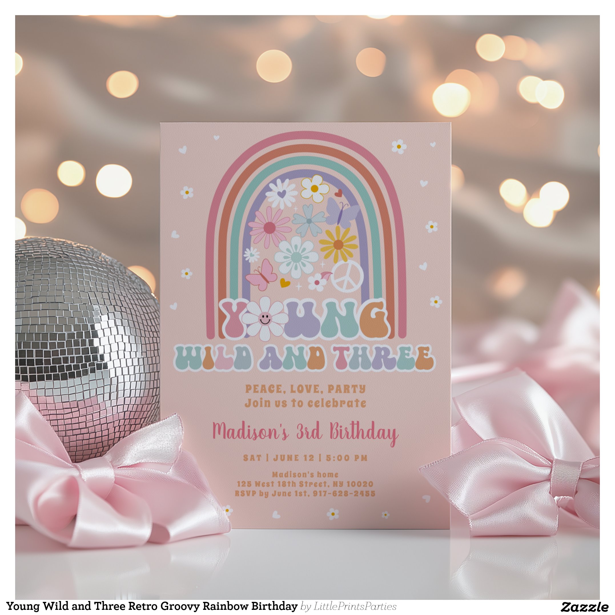 Young Wild and Three Retro Groovy Rainbow Birthday Invitation