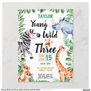 Young Wild and Three Safari Animal 3rd Birthday Invitation Postcard