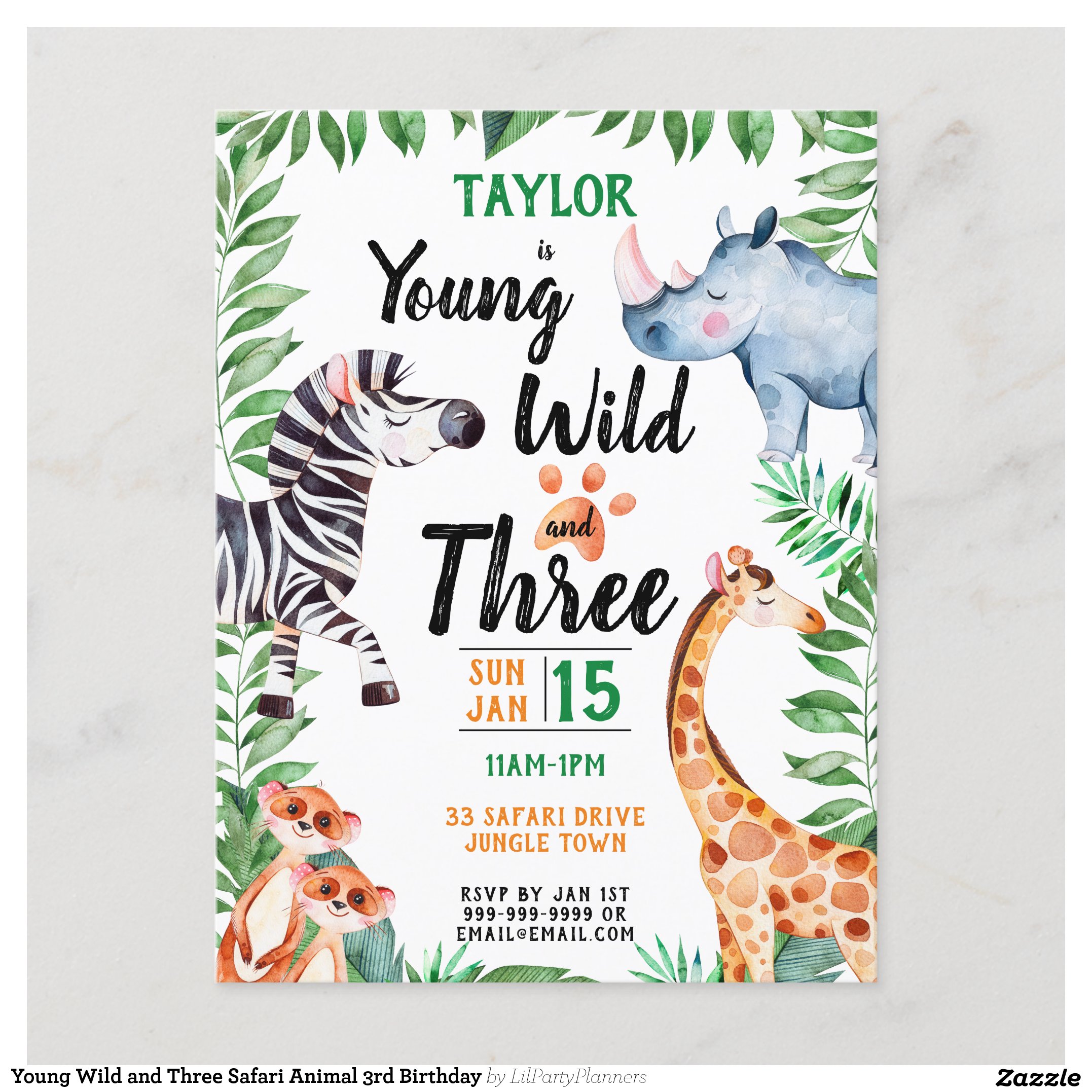 Young Wild and Three Safari Animal 3rd Birthday Invitation Postcard
