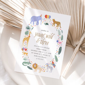 Young Wild and Three Safari Animals Birthday Party Invitation
