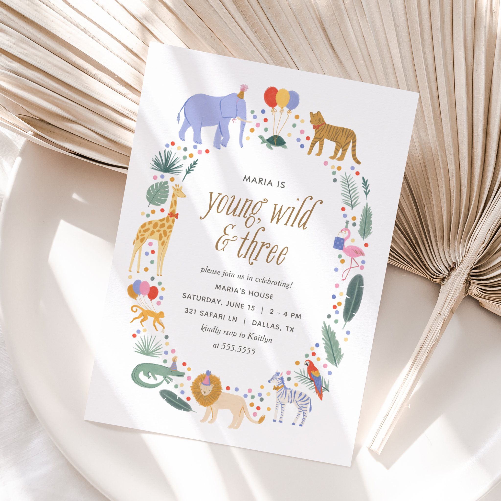 Young Wild and Three Safari Animals Birthday Party Invitation