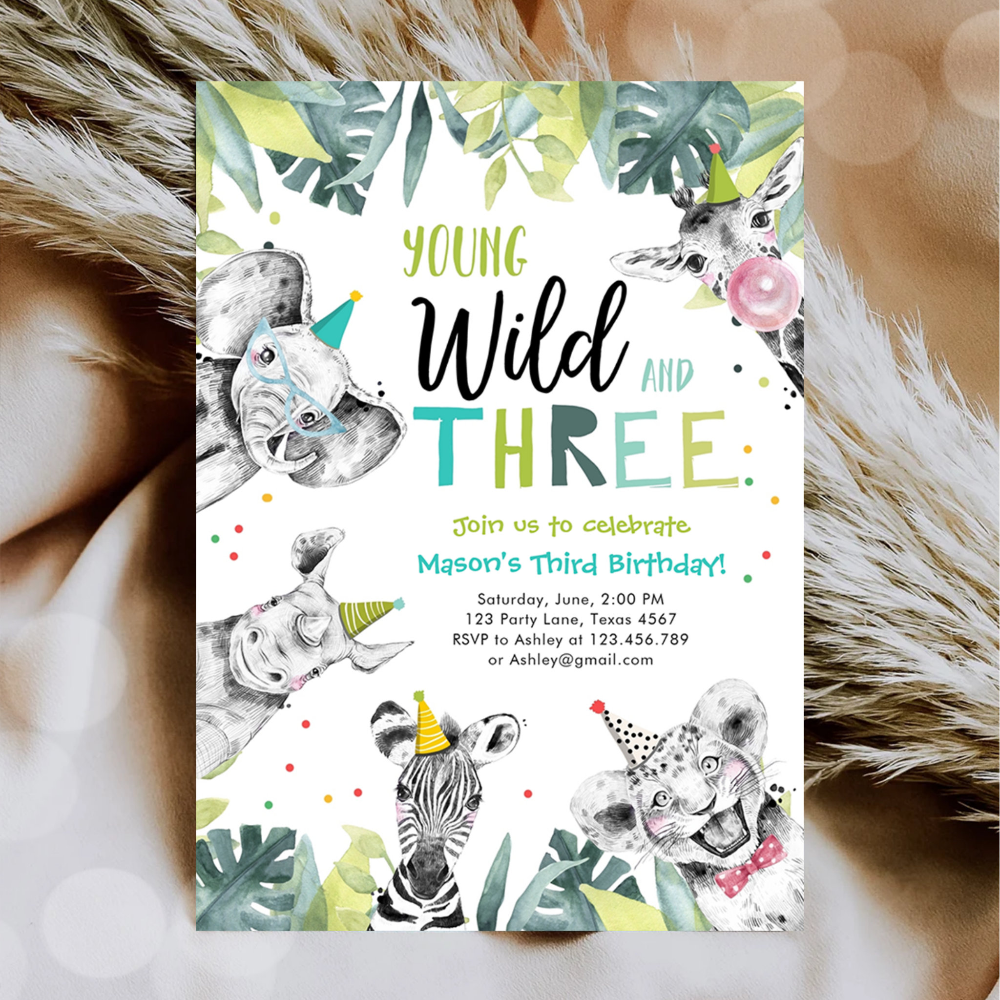 Young Wild and Three Safari Animals Boy Birthday Invitation