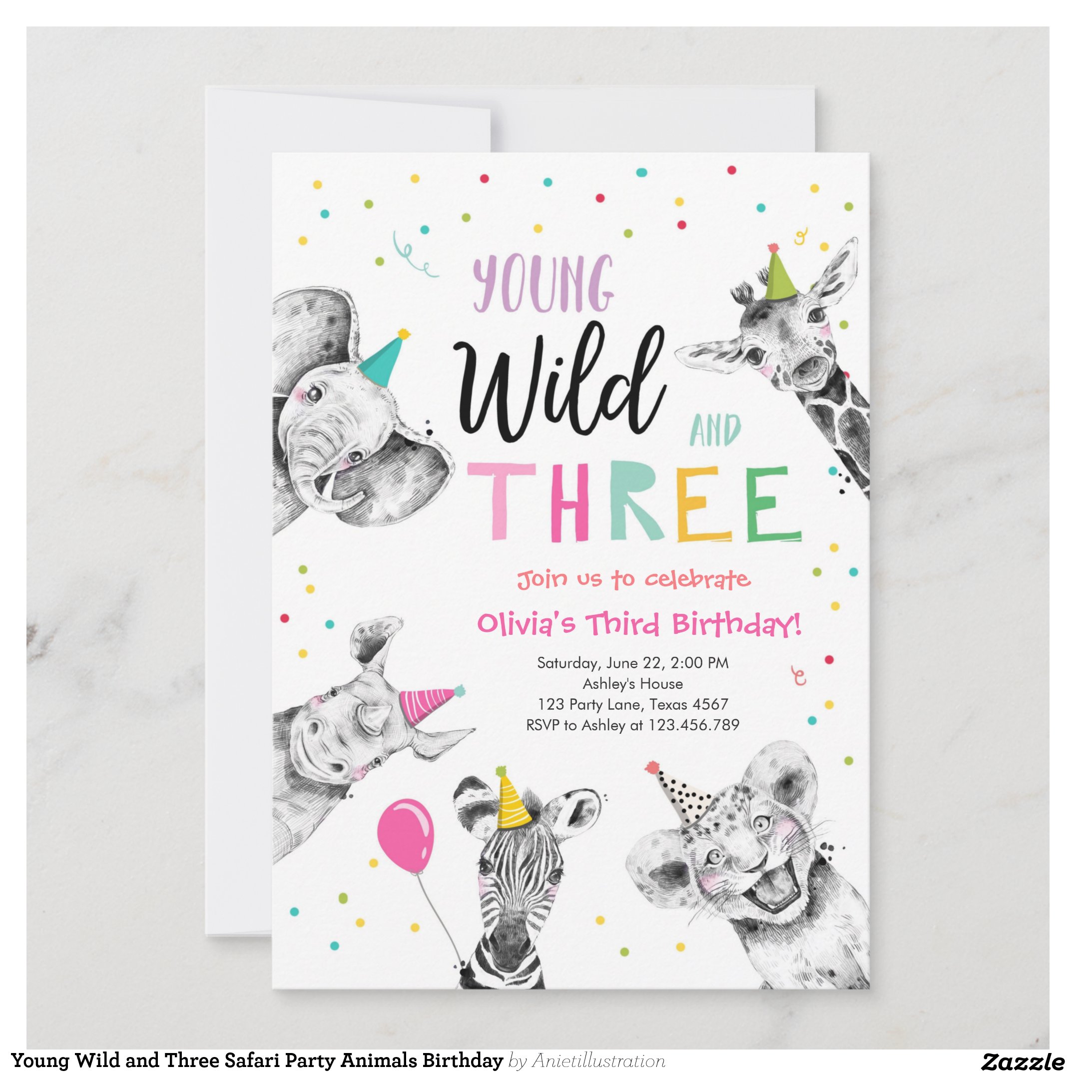 Young Wild and Three Safari Party Animals Birthday Invitation