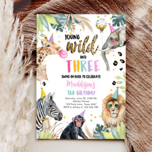 Young Wild and Three Safari Party Animals Birthday Invitation