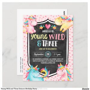 Young Wild and Three Unicorn Birthday Party Postcard