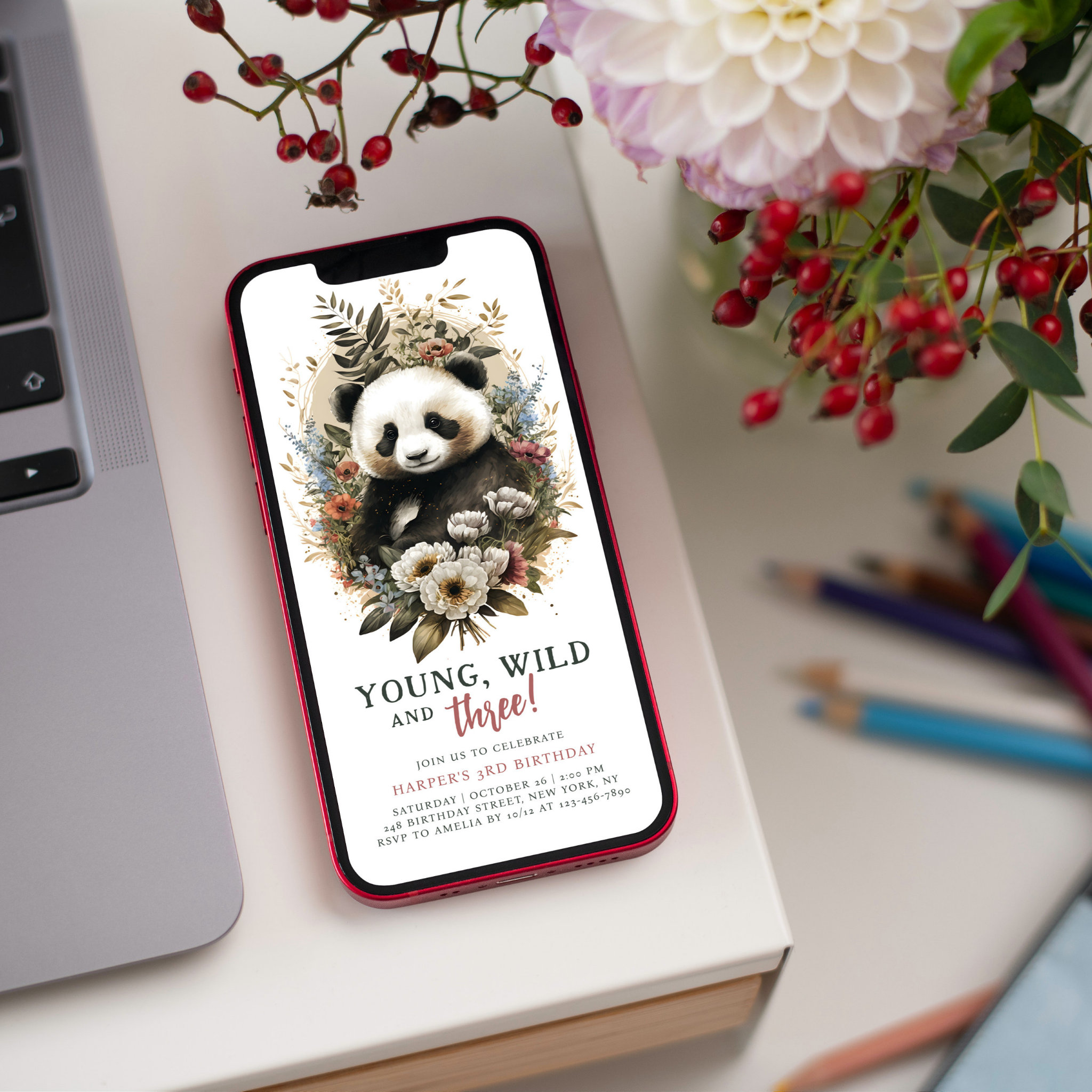 Young Wild Three 3rd Birthday Kids Cute Panda Invitation