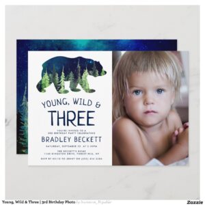 Young, Wild & Three 3rd Birthday Photo Invitation