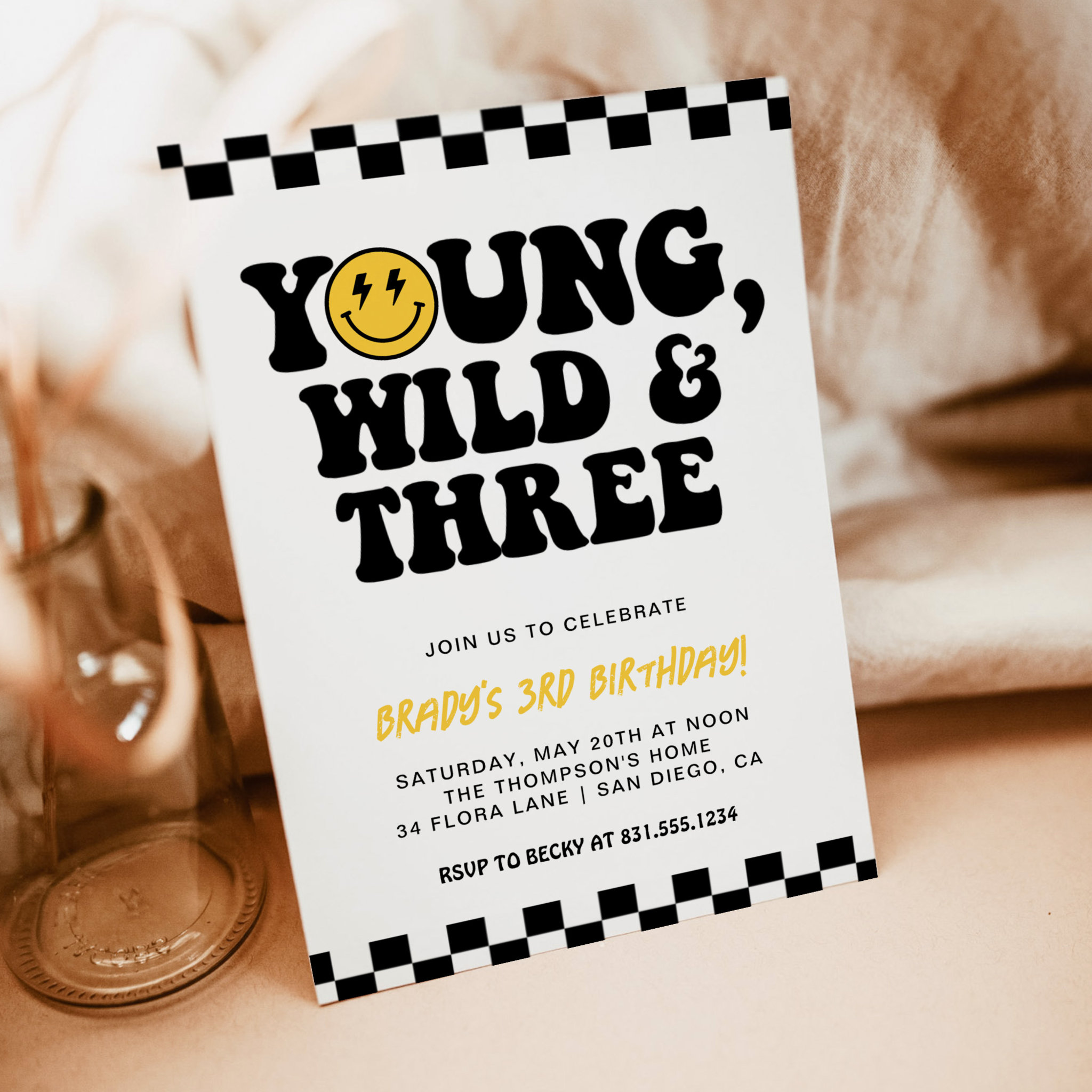 Young, Wild & Three, 3rd Birthday Smiley Face Bolt Invitation