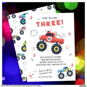 Young Wild Three Birthday Kids Monster Car Trucks Invitation