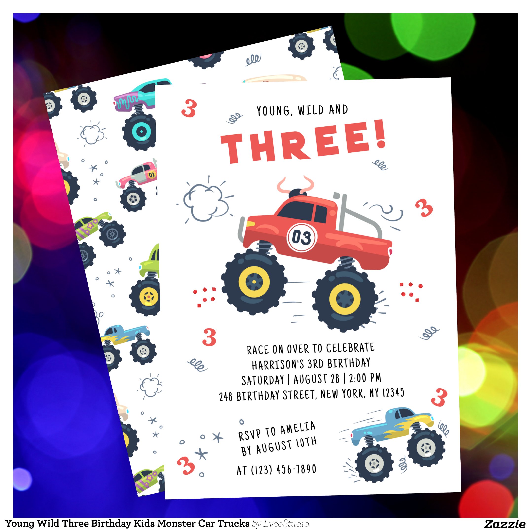 Young Wild Three Birthday Kids Monster Car Trucks Invitation