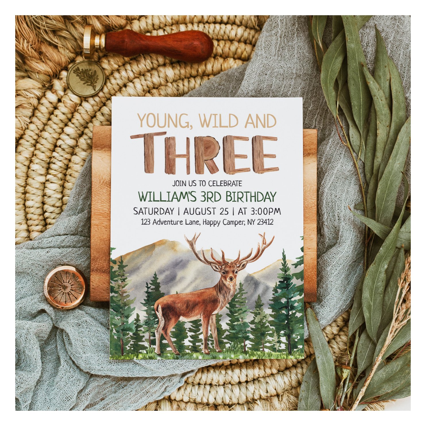 Young Wild & Three Deer Boys 3rd Birthday Invitation