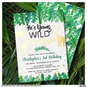 Young Wild & Three Dinosaur Boys 3rd Birthday Real Foil Invitation