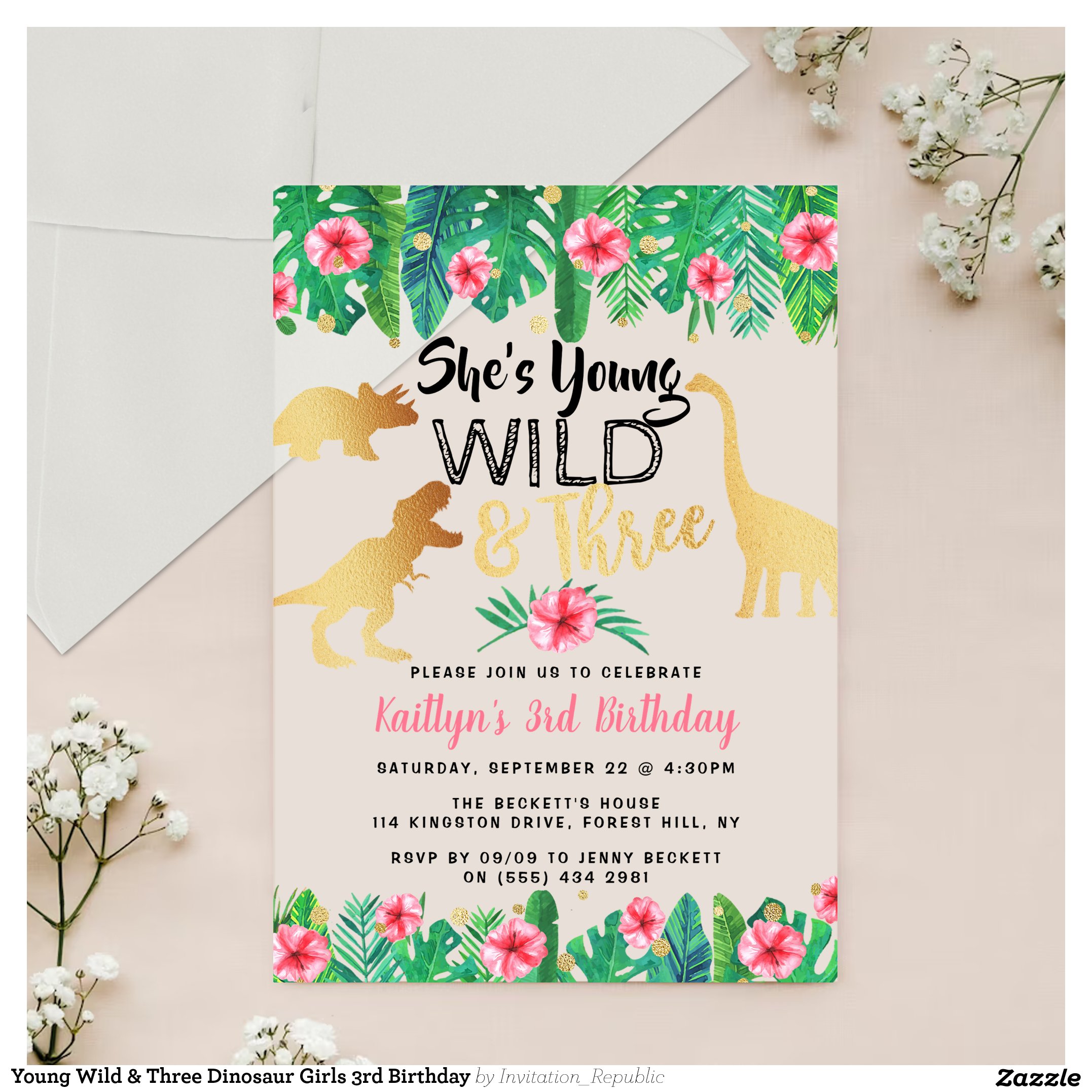 Young Wild & Three Dinosaur Girls 3rd Birthday Acrylic Invitations
