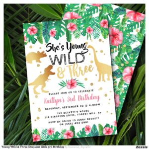 Young Wild & Three Dinosaur Girls 3rd Birthday Invitation