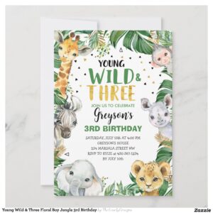Young Wild & Three Floral Boy Jungle 3rd Birthday Invitation