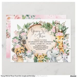 Young Wild & Three Floral Girl Jungle 3rd Birthday Invitation