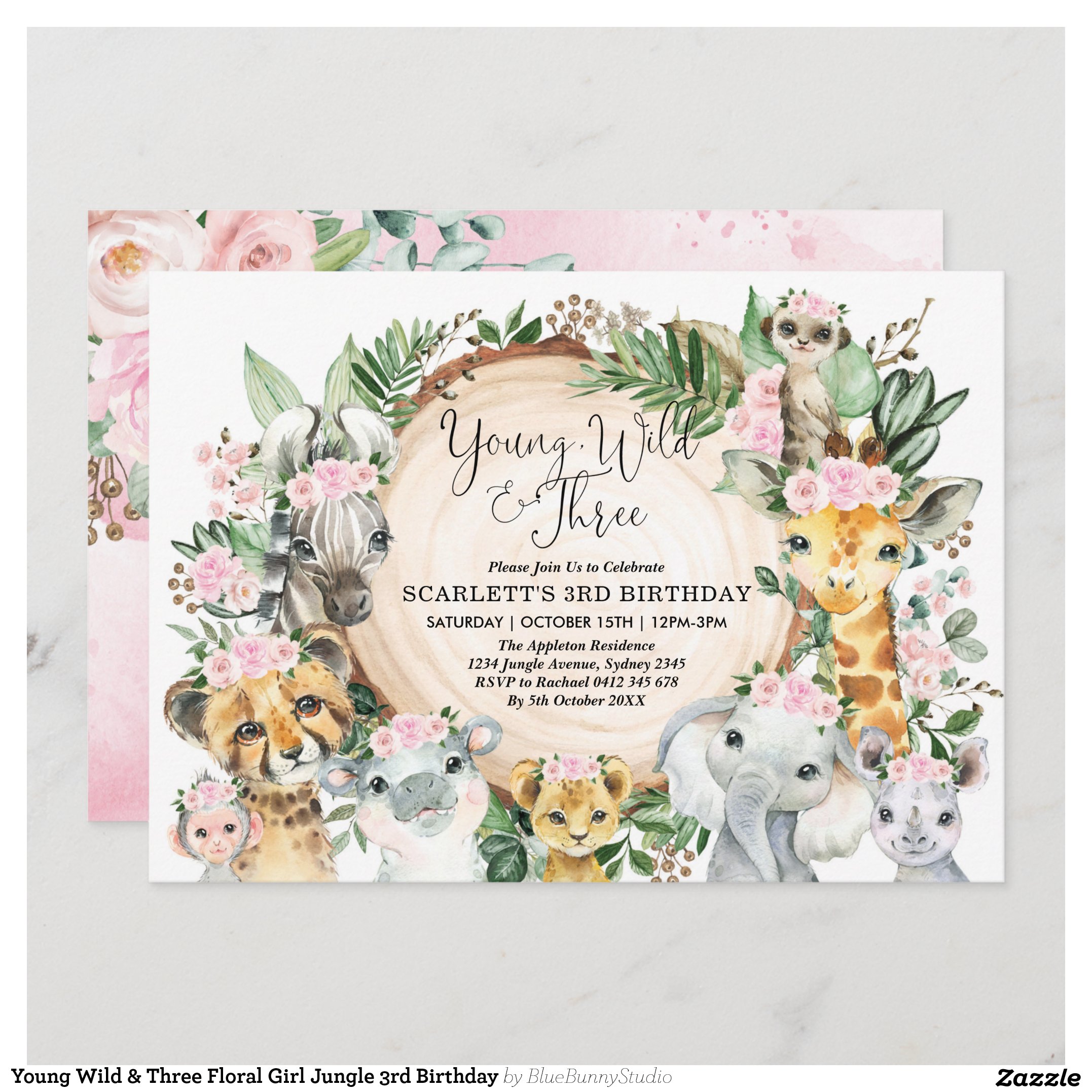Young Wild & Three Floral Girl Jungle 3rd Birthday Invitation