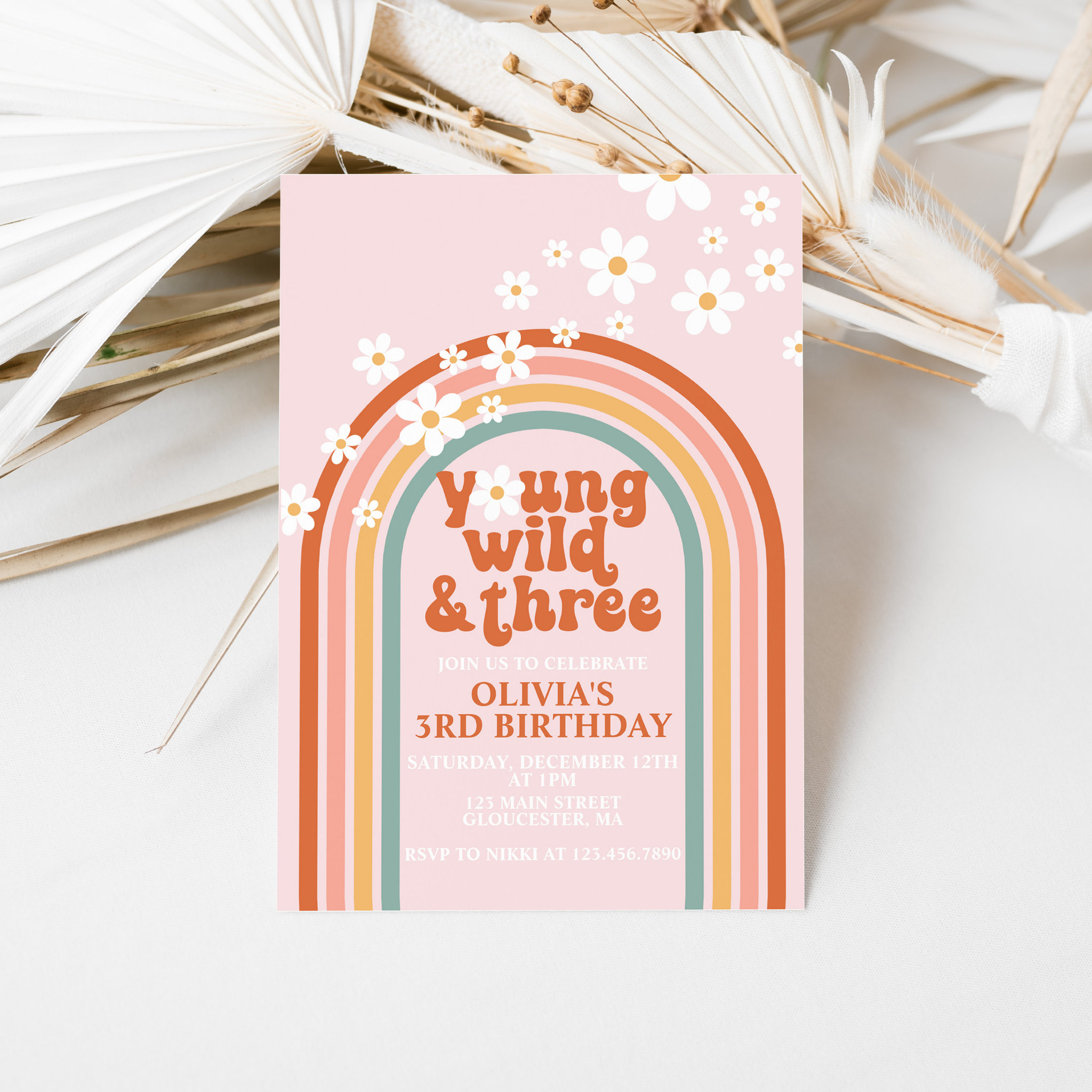 Young Wild Three Groovy daisy rainbow 3rd birthday Invitation