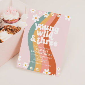 Young Wild Three Groovy daisy rainbow 3rd birthday Invitation