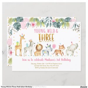 Young Wild & Three Pink Safari Birthday Invitation