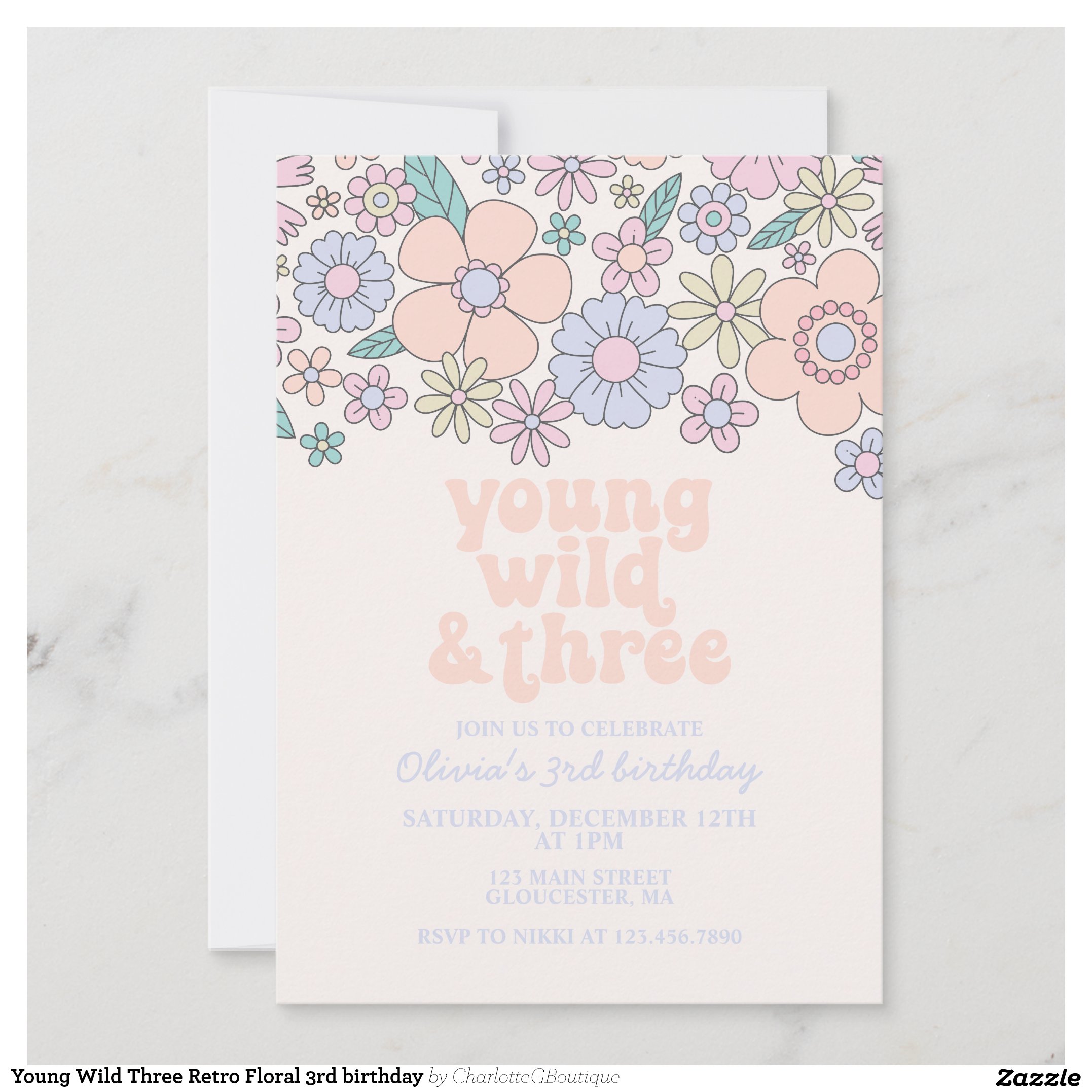 Young Wild Three Retro Floral 3rd birthday Invitation