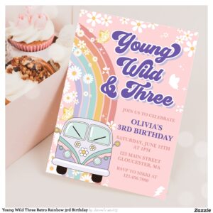 Young Wild Three Retro Rainbow 3rd Birthday Invitation