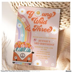 Young Wild Three Retro Rainbow 3rd Birthday Invitation