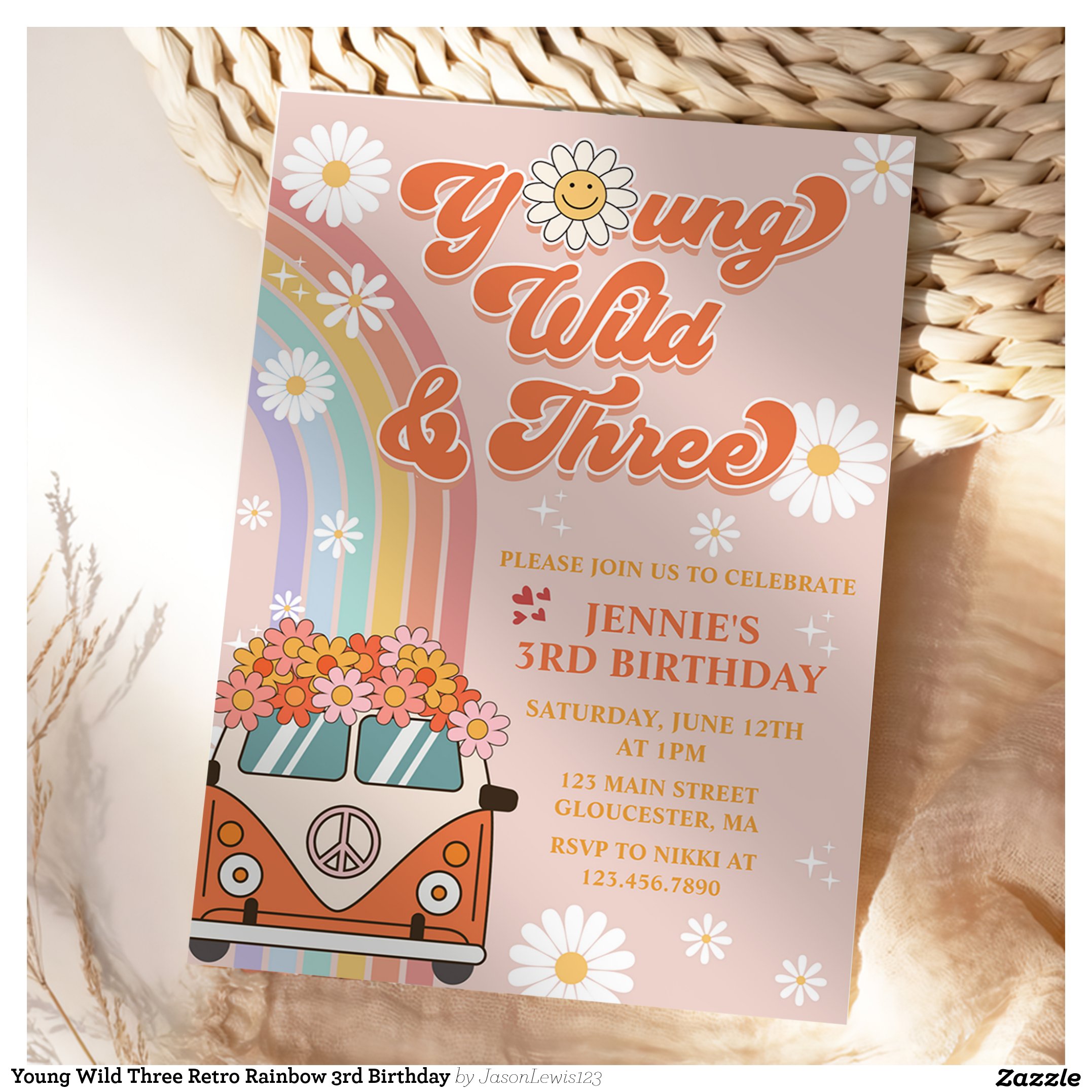 Young Wild Three Retro Rainbow 3rd Birthday Invitation