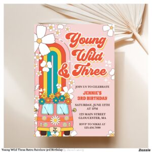 Young Wild Three Retro Rainbow 3rd Birthday Invitation