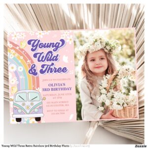 Young Wild Three Retro Rainbow 3rd Birthday Photo Invitation
