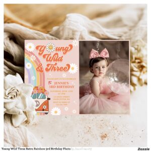 Young Wild Three Retro Rainbow 3rd Birthday Photo Invitation