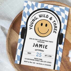 Young Wild & Three Retro Skateboard 3rd Birthday Invitation