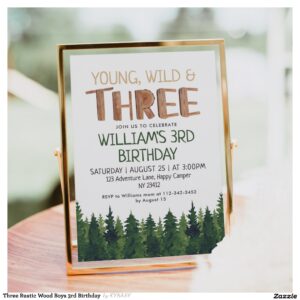 Young Wild & Three Rustic Wood Boys 3rd Birthday Invitation