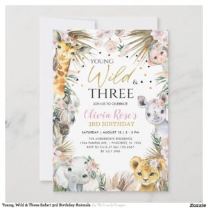 Young, Wild & Three Safari 3rd Birthday Animals Invitation