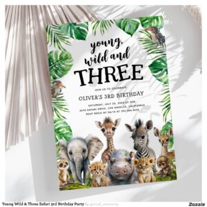 Young Wild & Three Safari 3rd Birthday Party Invitation