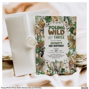 Young Wild & Three Safari Animals Boy 3rd Birthday Invitation
