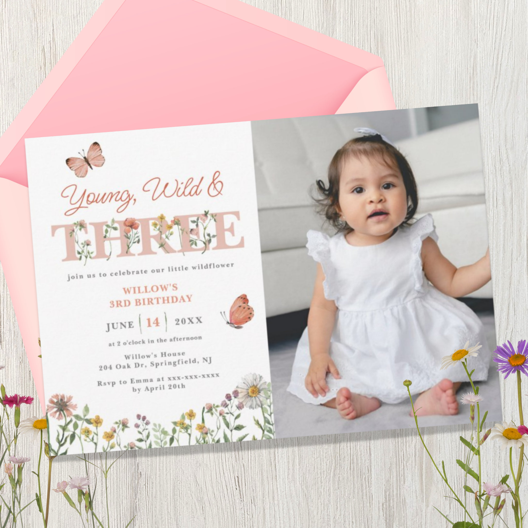 Young Wild & Three Wildflower 3rd Birthday Invitat Invitation