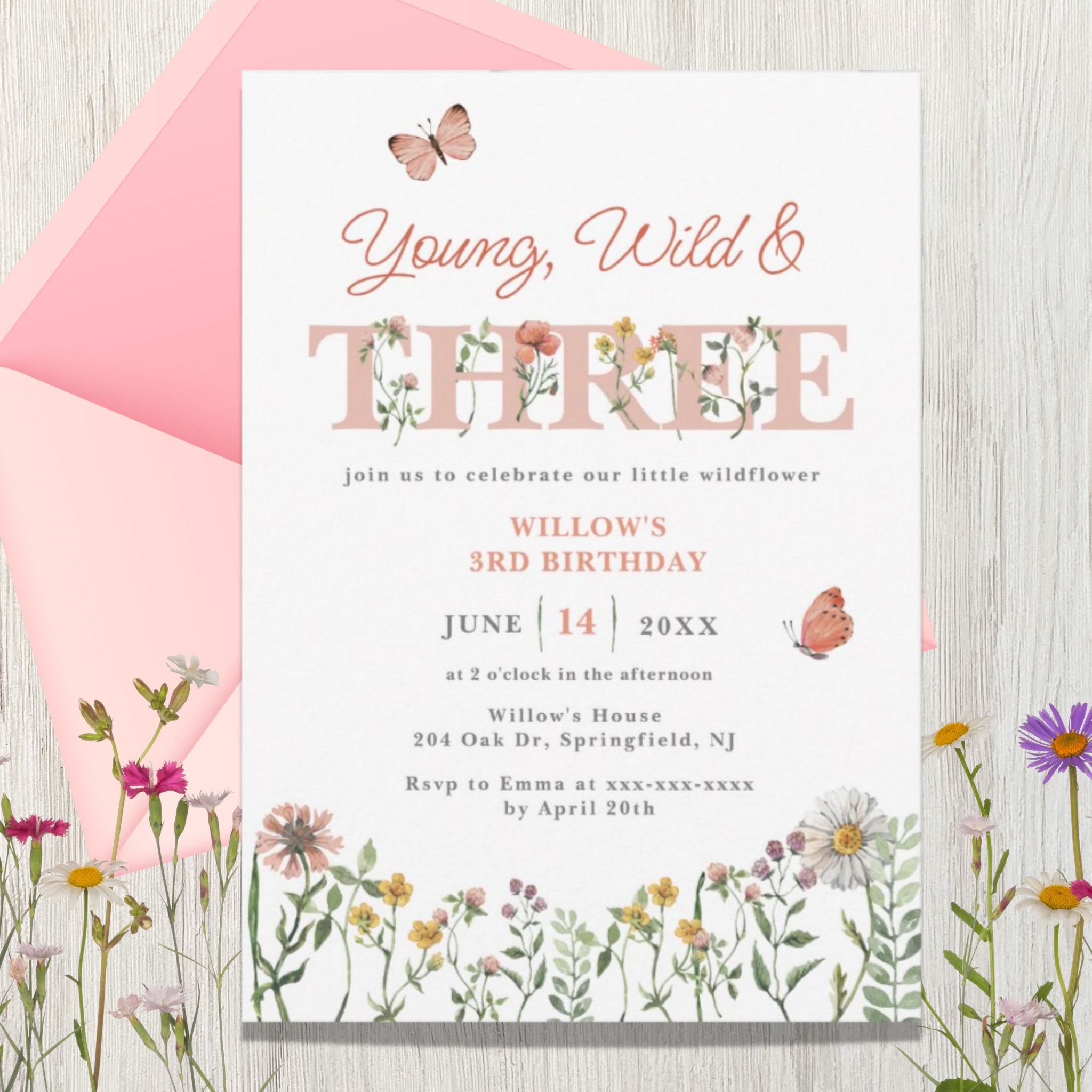 Young Wild & Three Wildflower 3rd Birthday Invitation