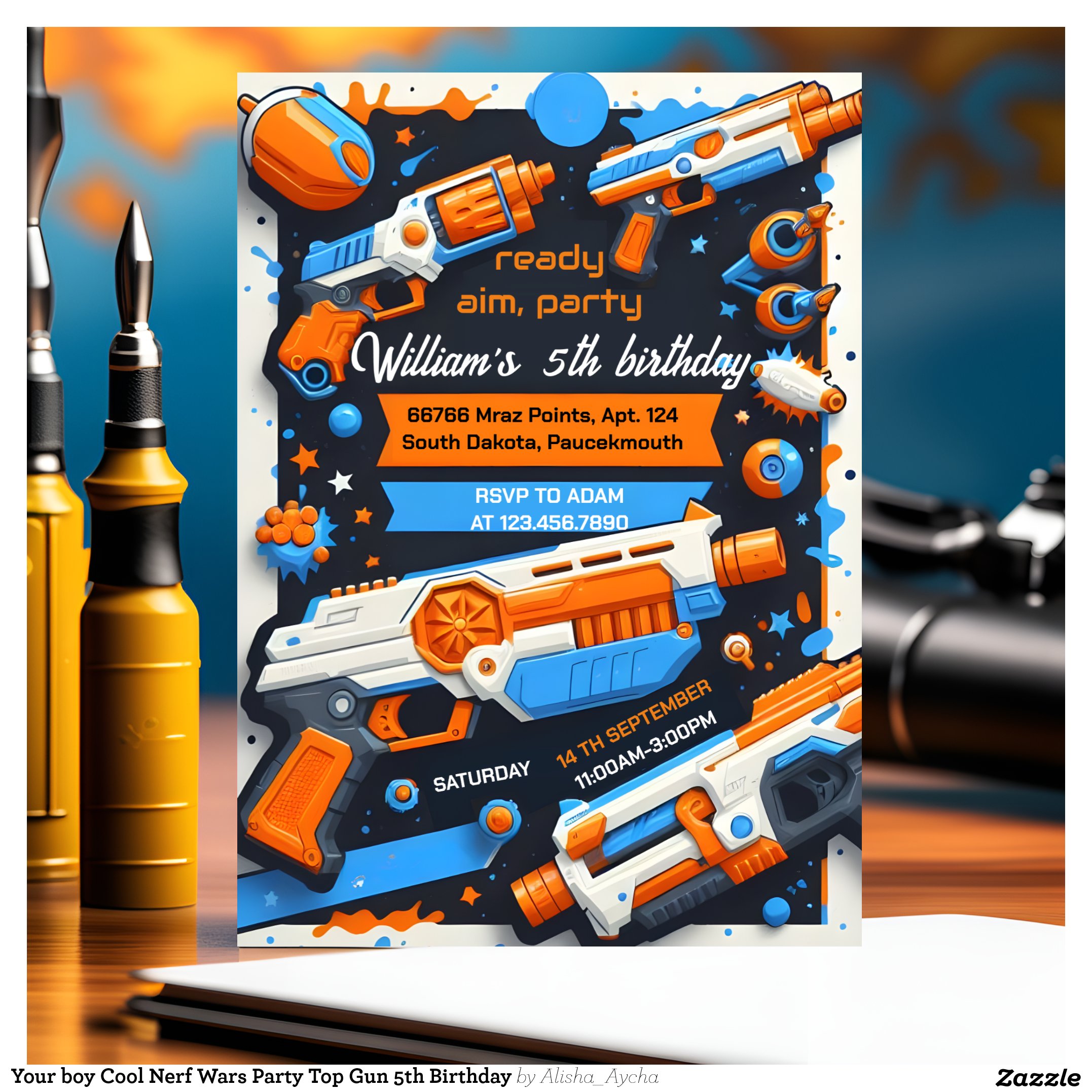 Your boy Cool Nerf Wars Party Top Gun 5th Birthday Invitation