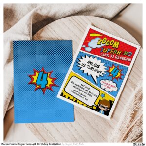 Zoom Comic Superhero 4th Birthday Invitation